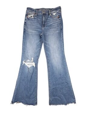 American Eagle Super Hi Rise Flare Jeans Womens Blue Distressed Size 10